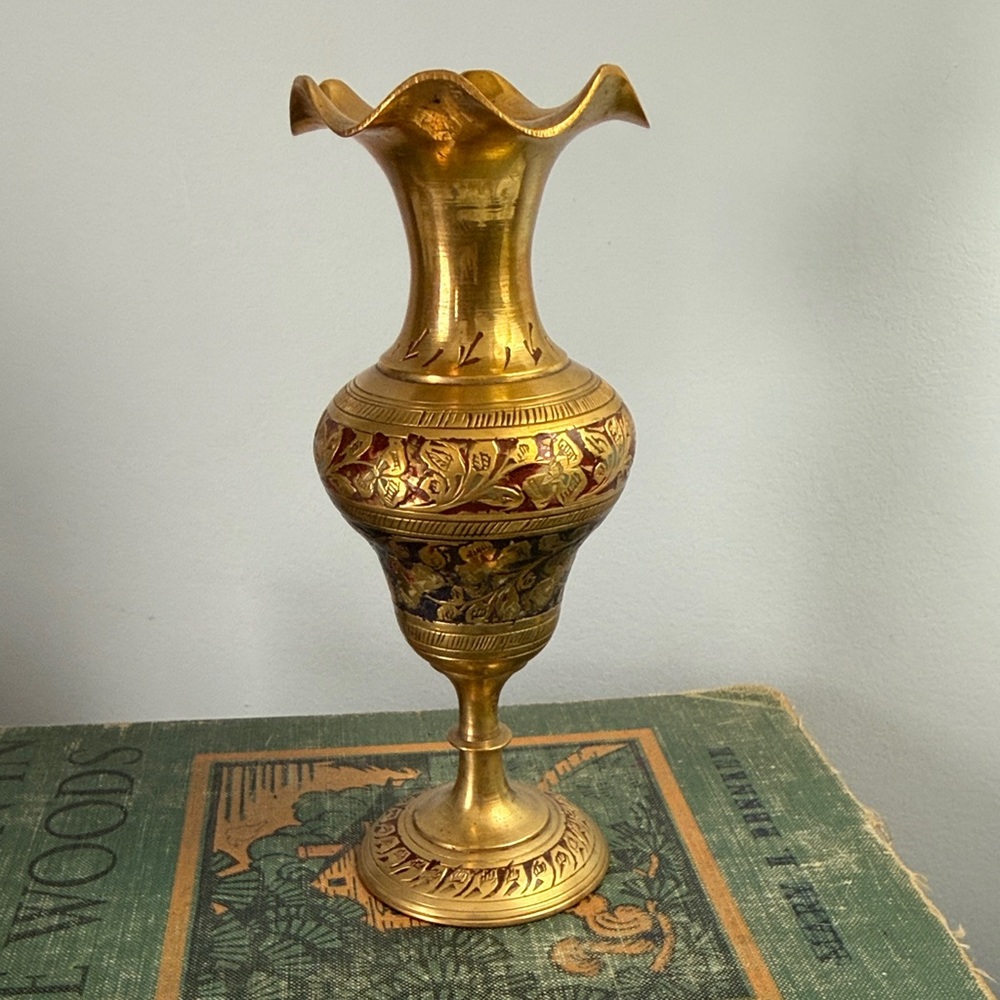 Vintage Brass Elegant Gold and Red Decorative Vase